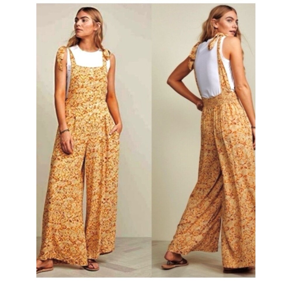 NWT Free People Sugar Sands Yellow Boho Print Wide Leg Jumpsuit